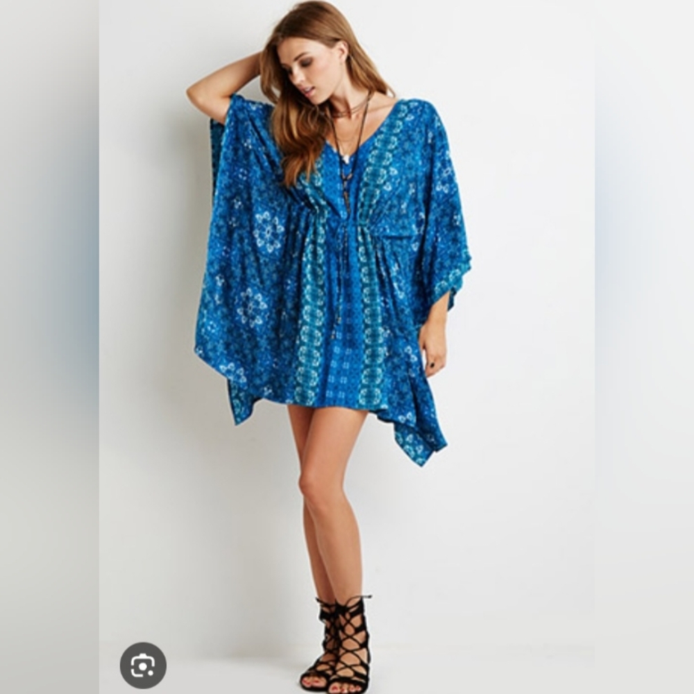 Vibrant Blue Kimono Cover-Up Small Beach Pool Resort Vacation Boho Festval Artsy